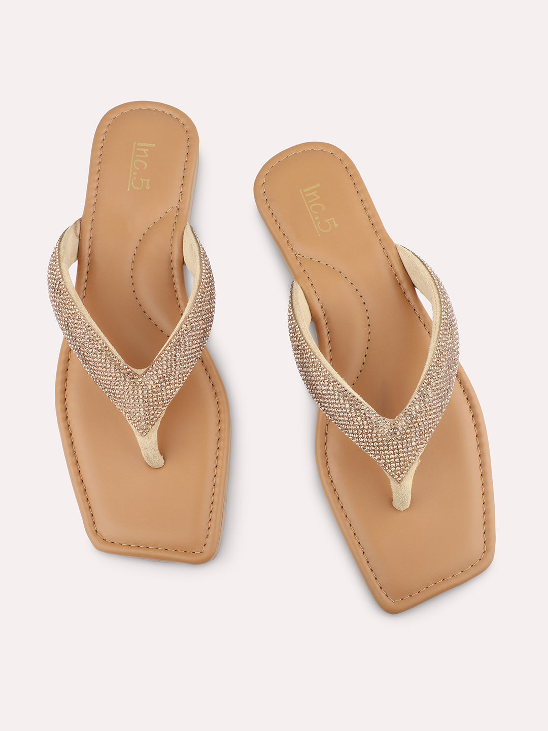 Women Beige Embellished Open Toe Flats