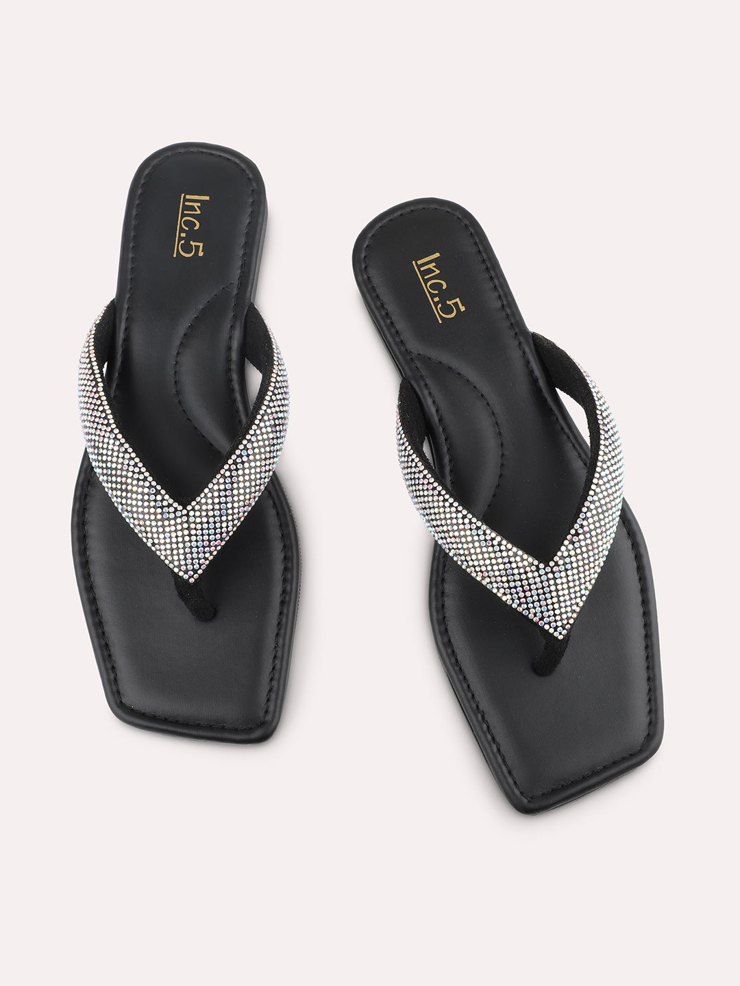 Women Black Embellished Open Toe Flats