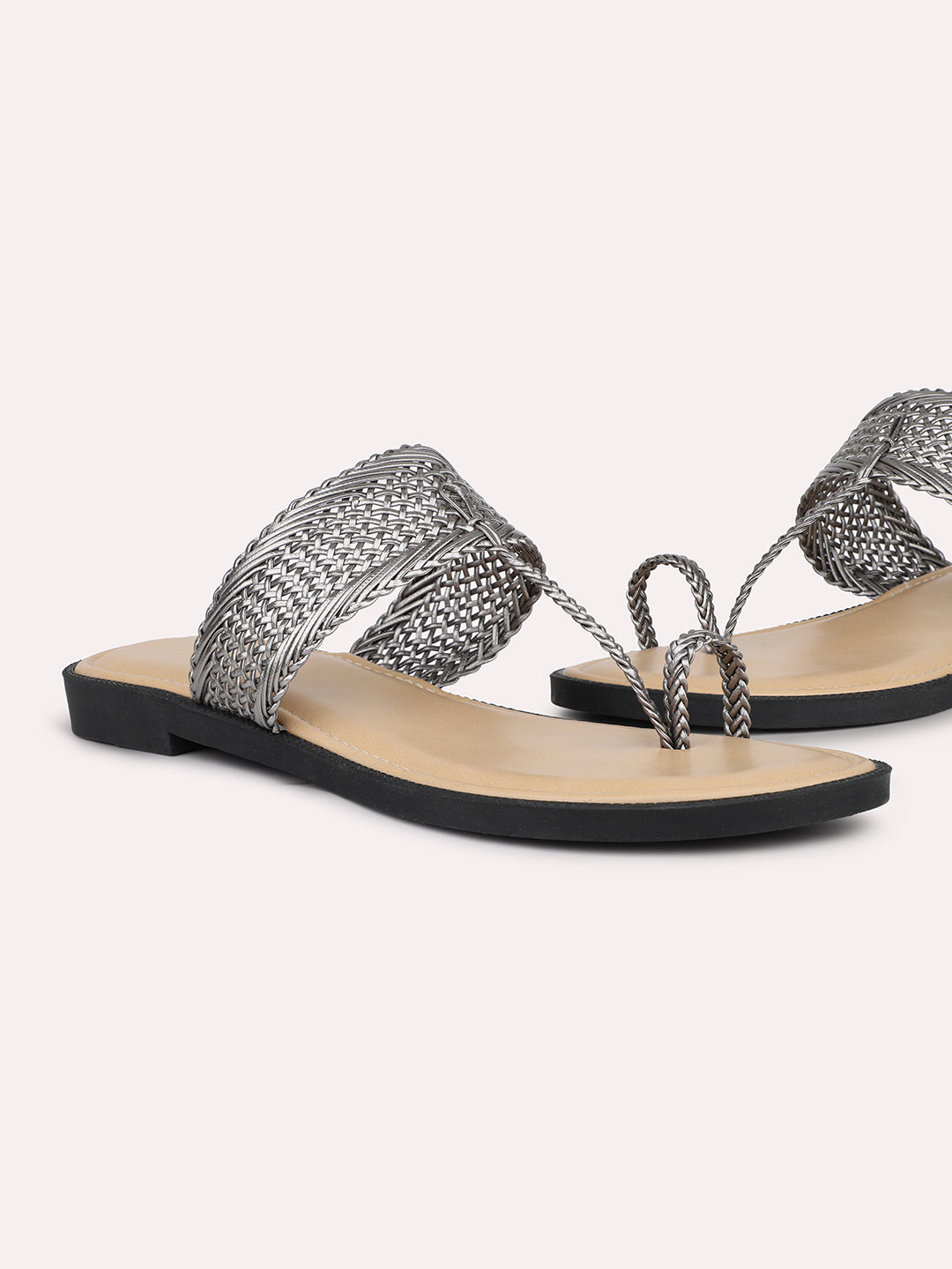 Women Pewter T-Strape Woven Design One Toe Flats