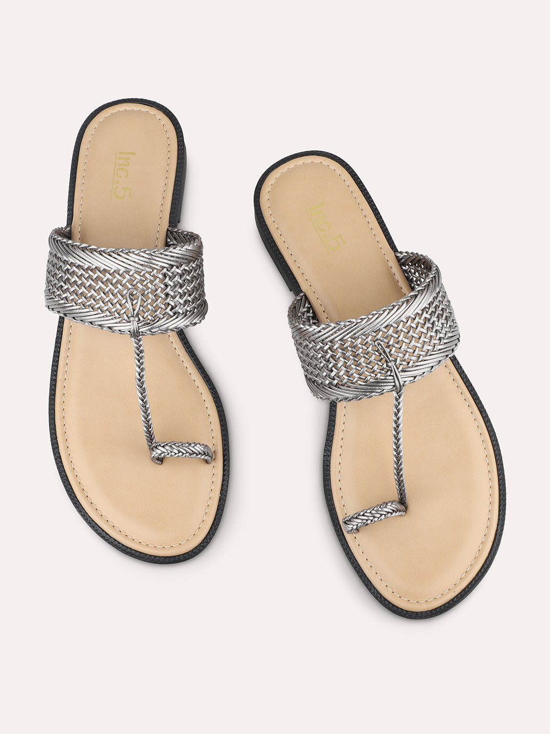 Women Pewter T-Strape Woven Design One Toe Flats