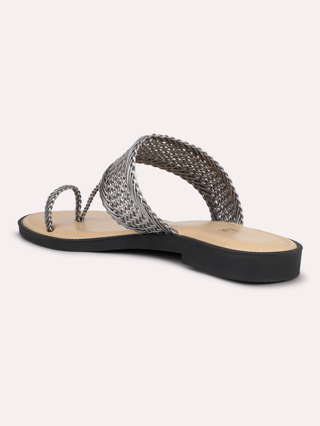 Women Pewter T-Strape Woven Design One Toe Flats