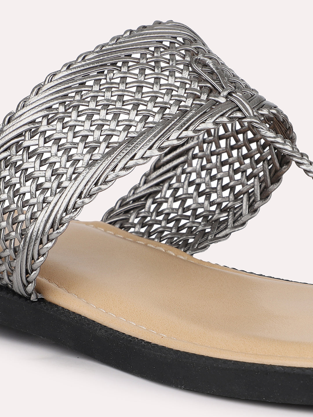 Women Pewter T-Strape Woven Design One Toe Flats