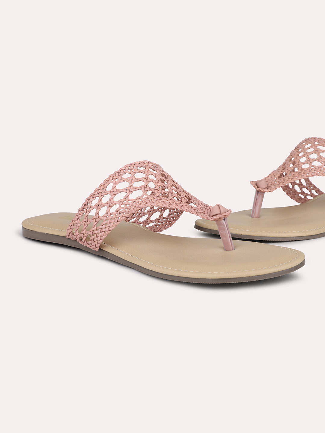 Women Peach Woven Design Open Toe Flats