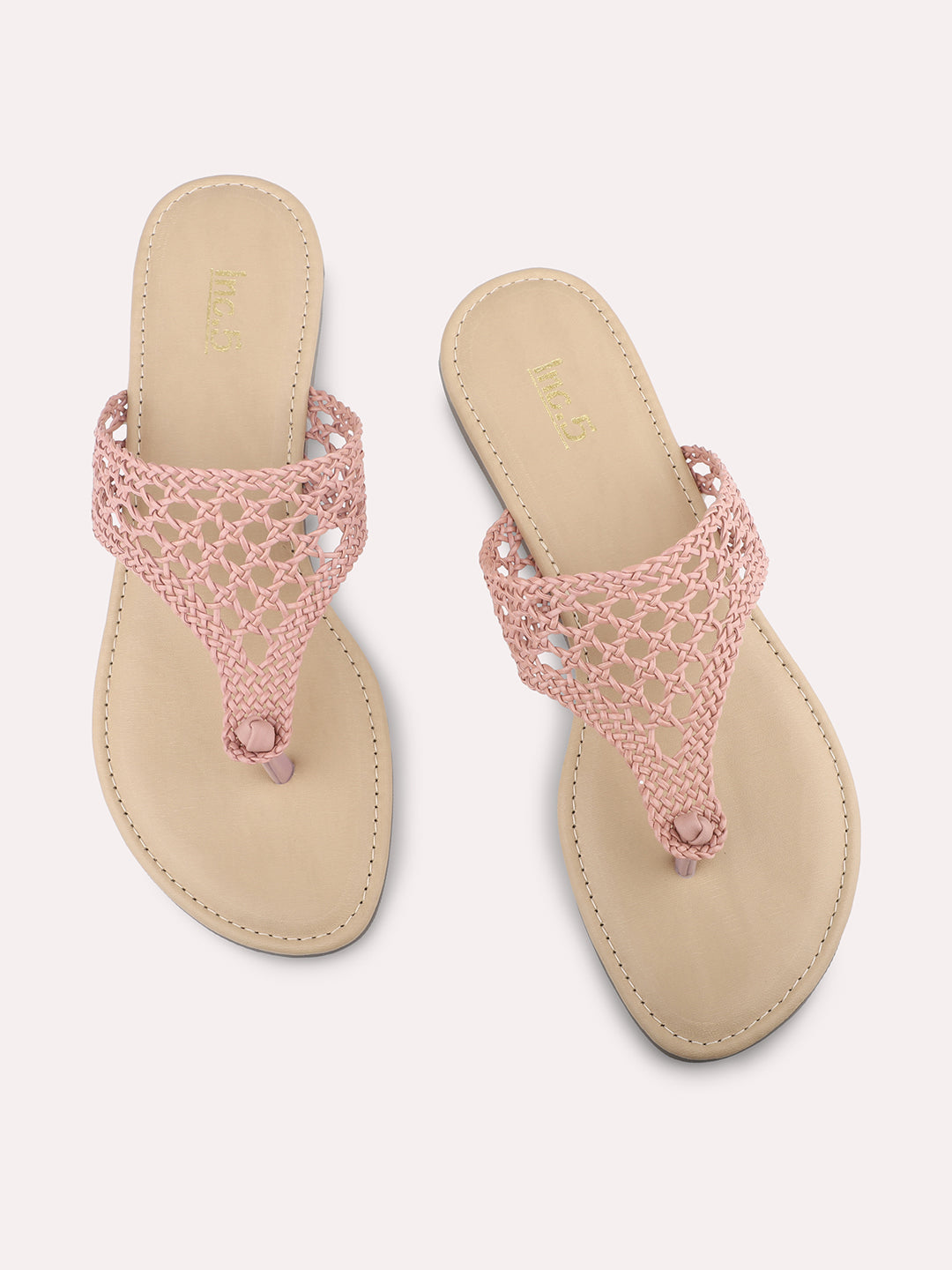 Women Peach Woven Design Open Toe Flats