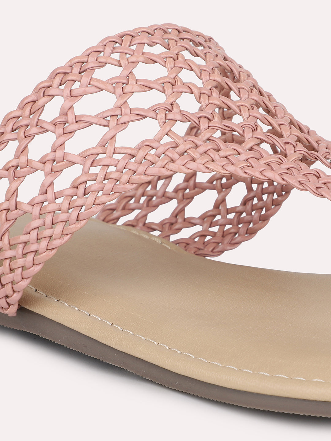 Women Peach Woven Design Open Toe Flats