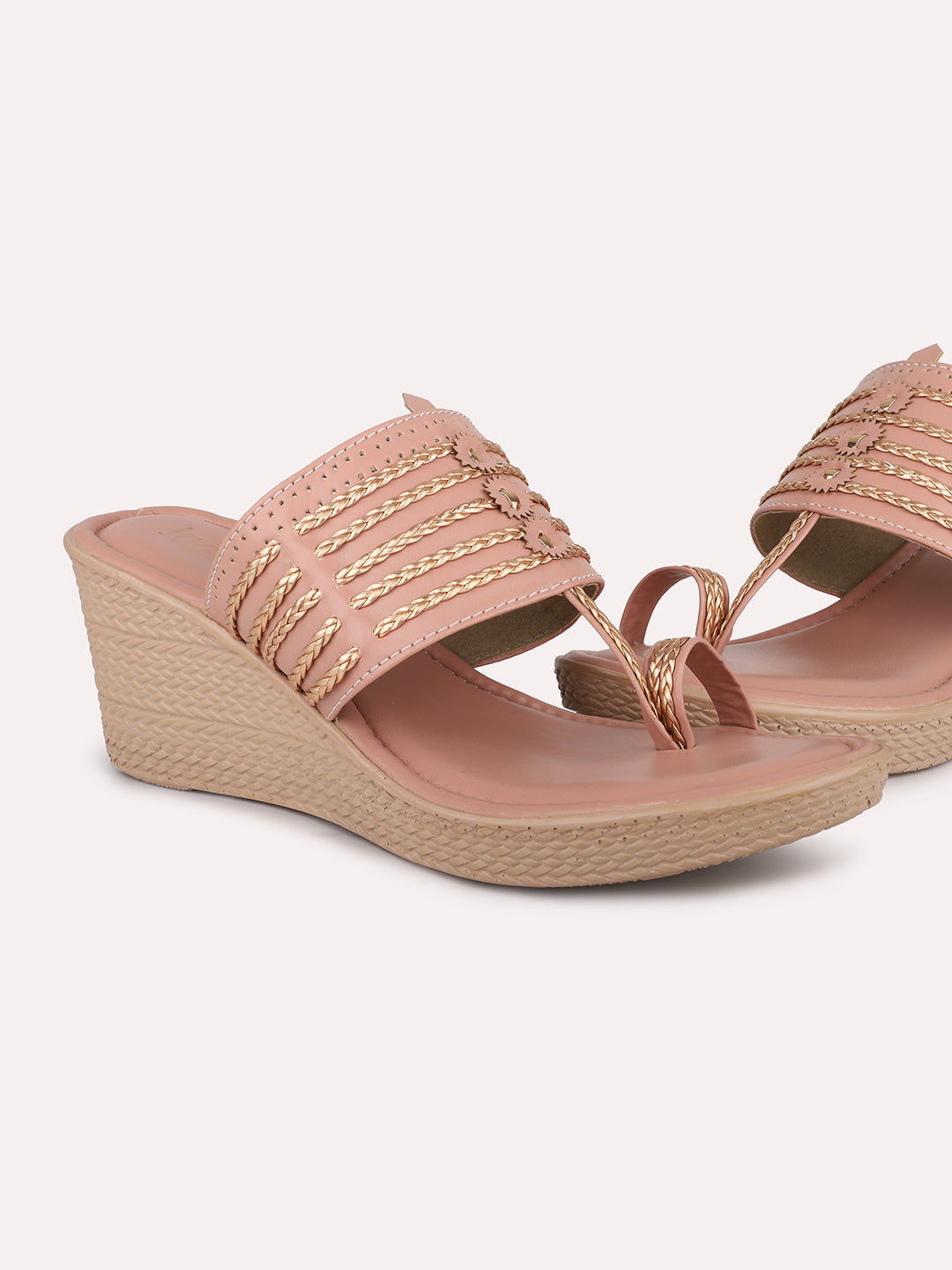 Women Peach Textured Open Toe Wedges