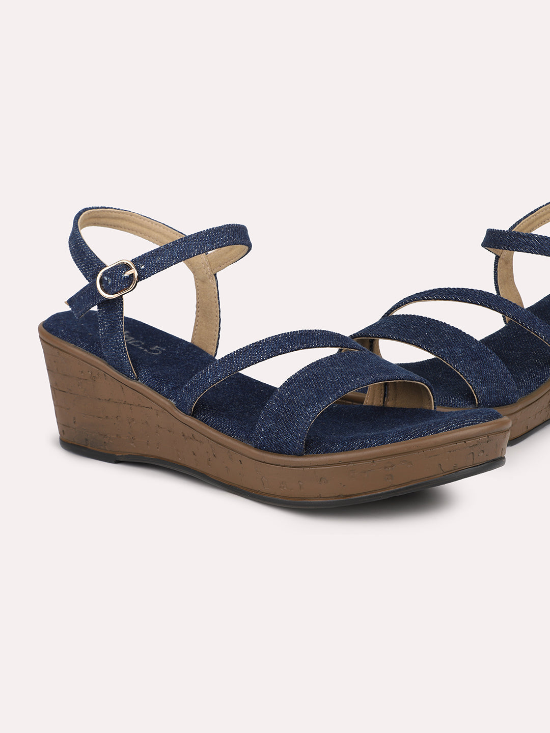 Women Navy Wedge Sandals with Buckles