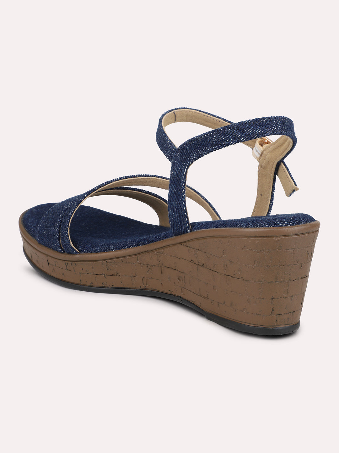 Women Navy Wedge Sandals with Buckles