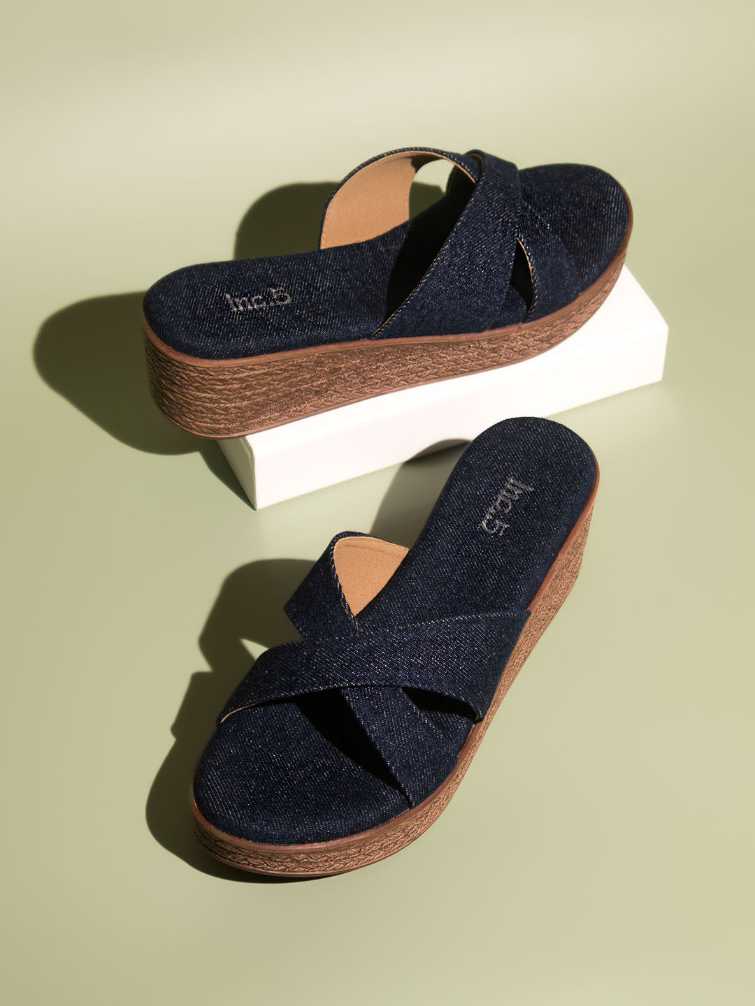 Women Navy Denim Wedges Heels