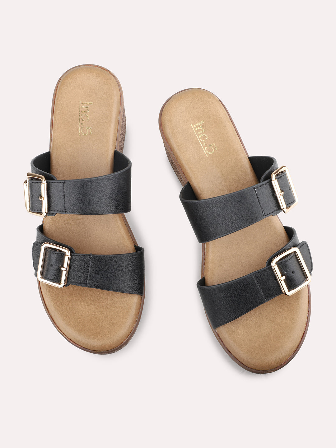 Women Black Two Strap Wedge Sandals With Buckles