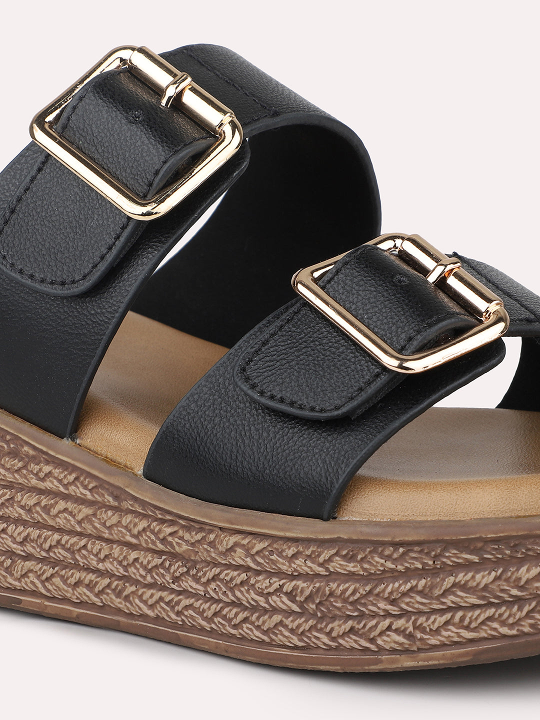 Women Black Two Strap Wedge Sandals With Buckles