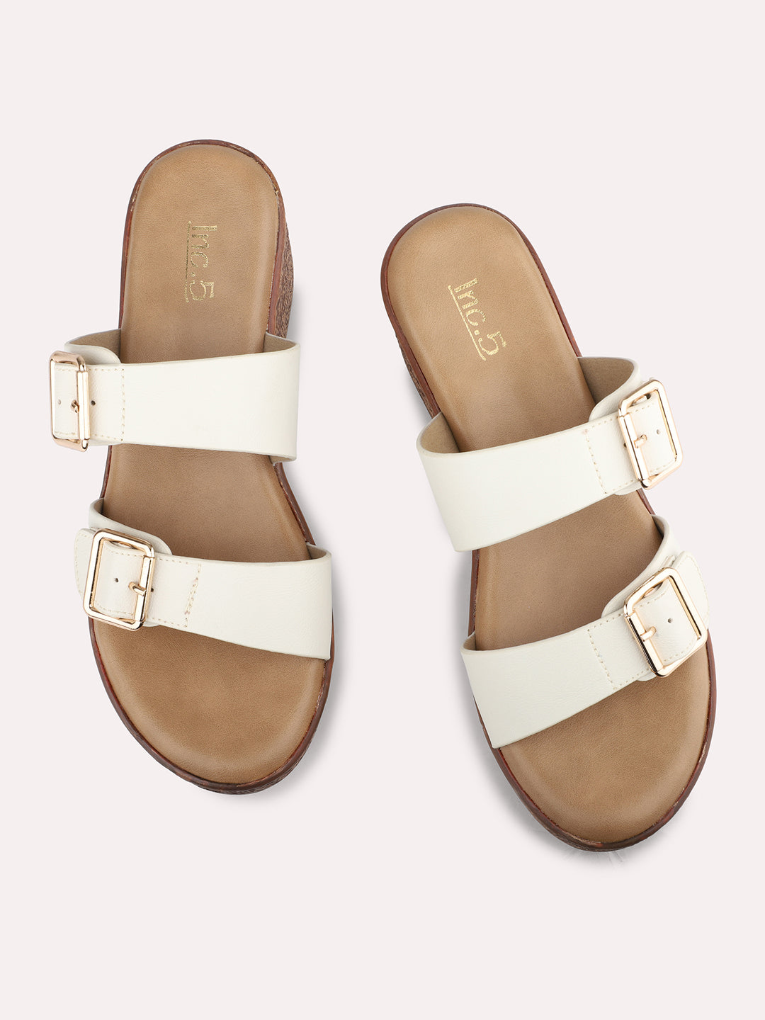 Women Cream Two Strap Wedge Sandals With Buckles