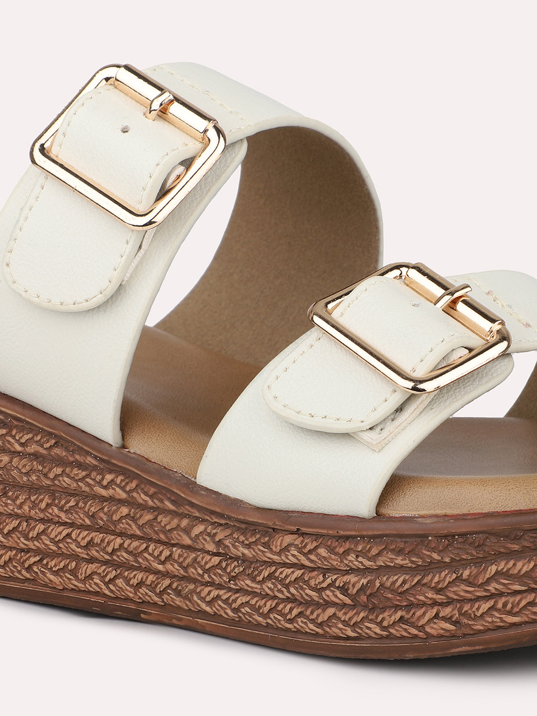 Women Cream Two Strap Wedge Sandals With Buckles
