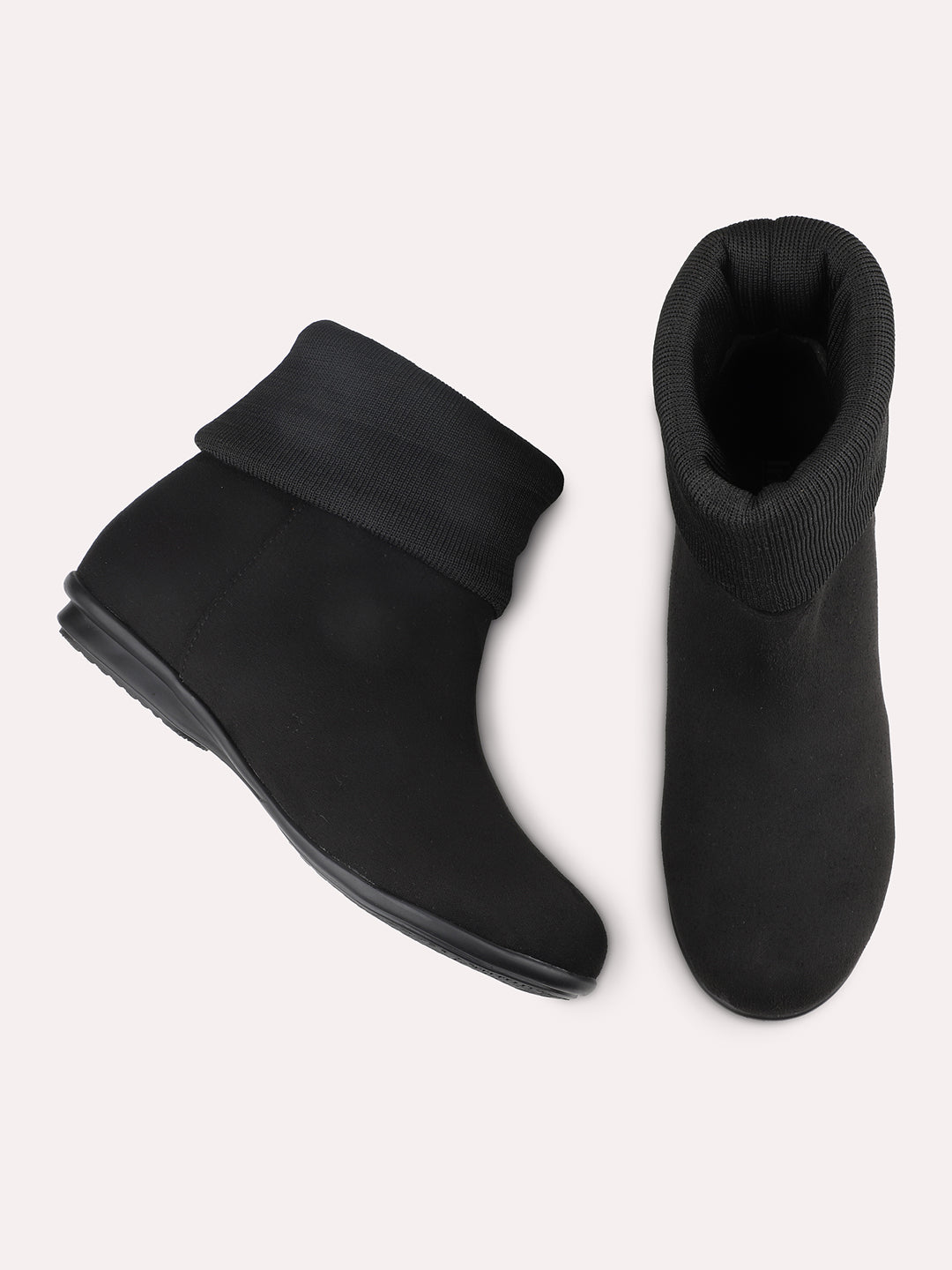 Women Black Solid Suede Flat Boots