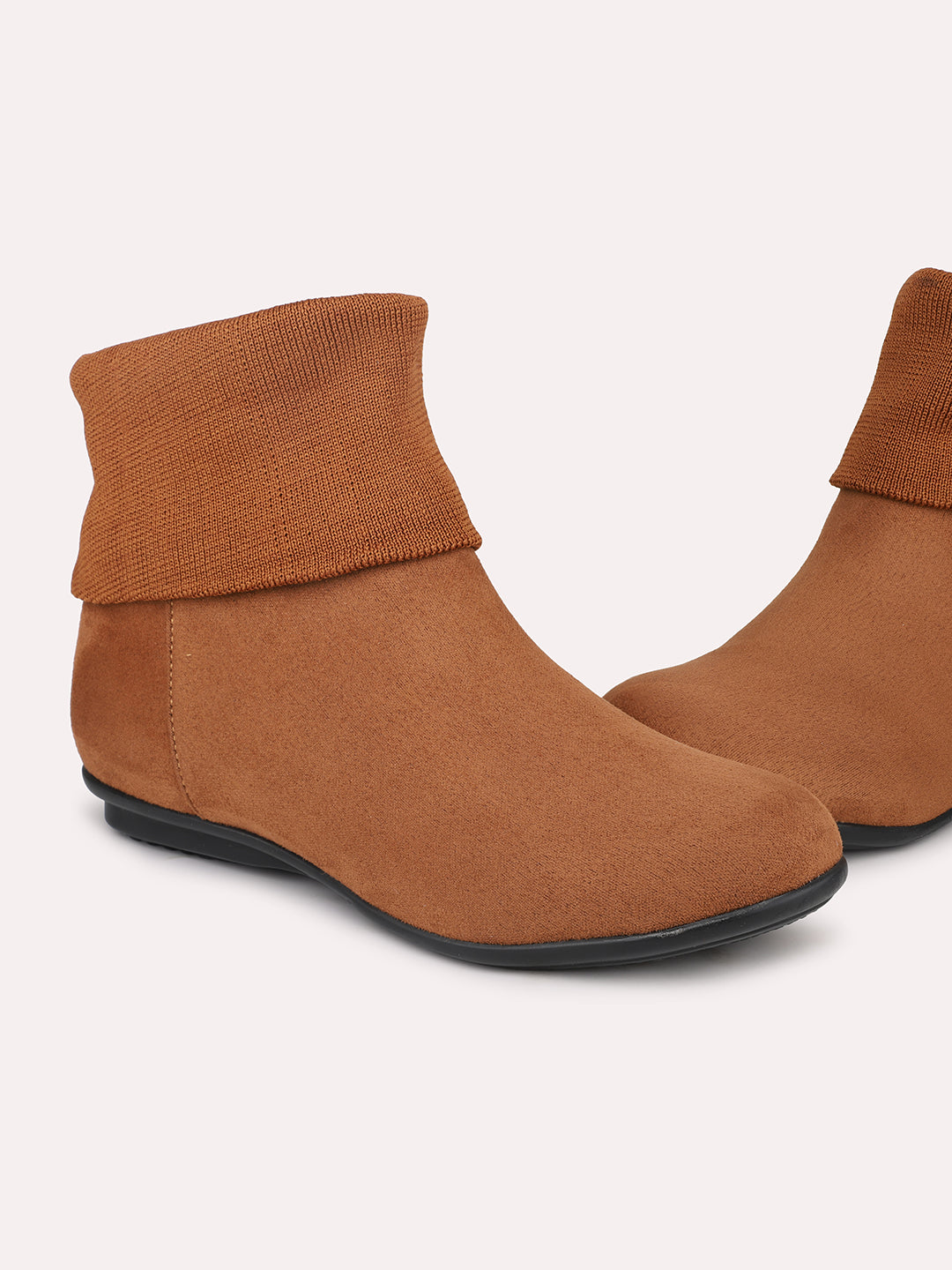 Women Tan Solid Suede Flat Boots