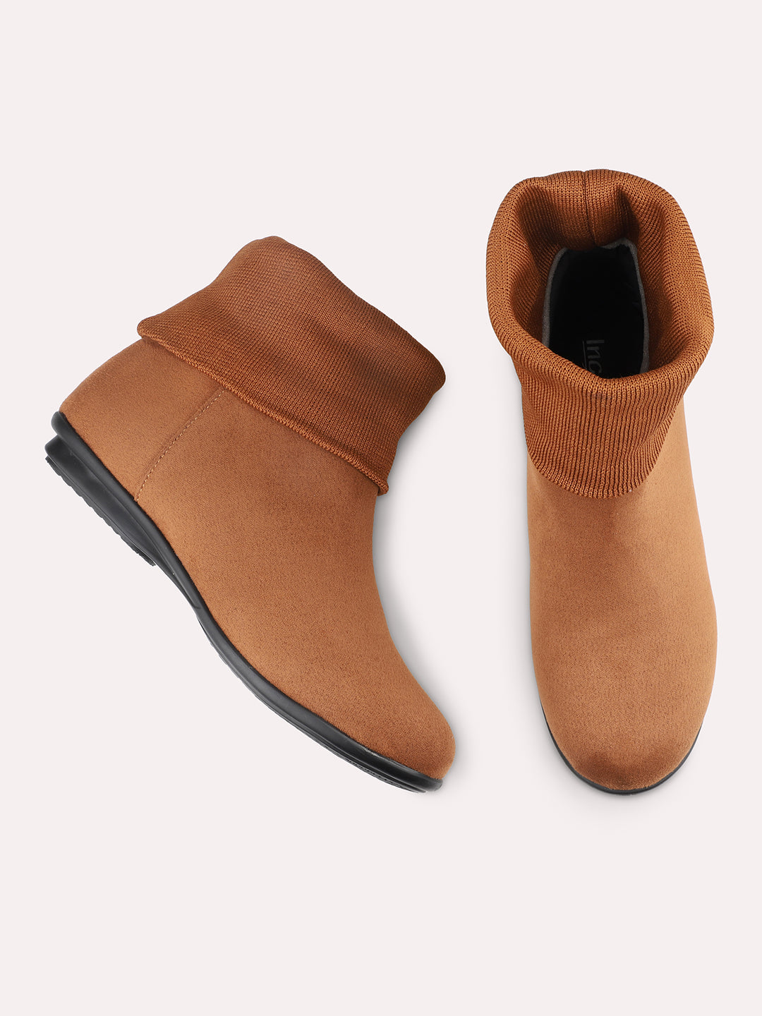 Women Tan Solid Suede Flat Boots