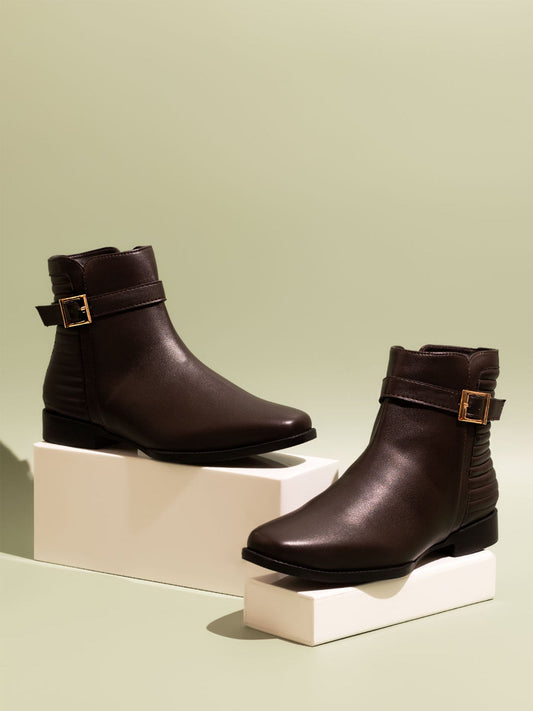 Women Brown Mid-Top Regular Boots With Buckle Detail