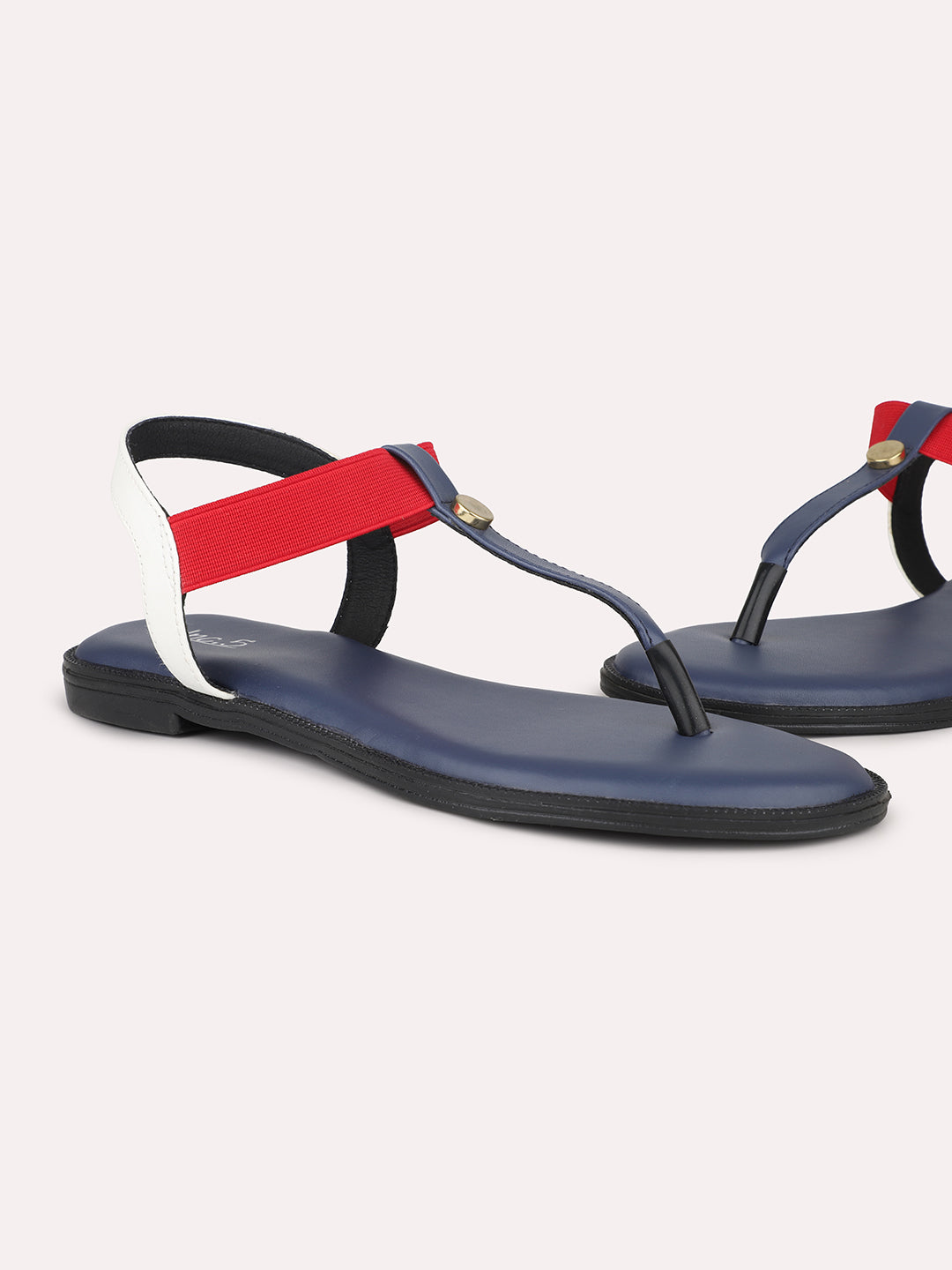 Women Navy And White Colourblocked T-Strap Flats