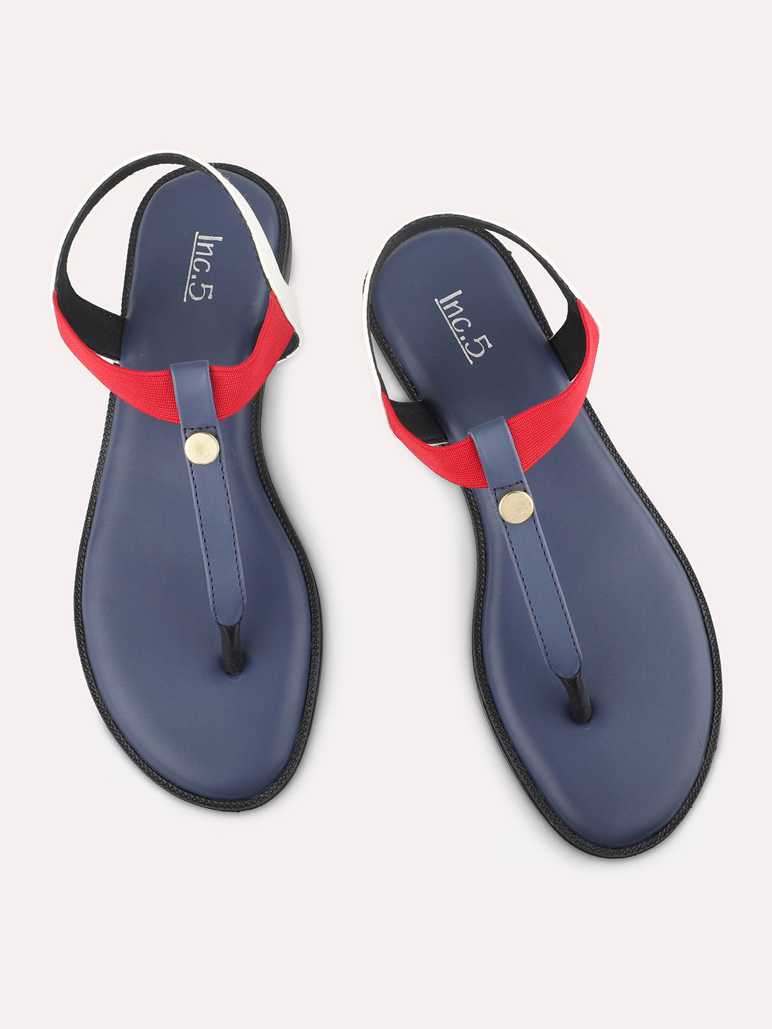 Women Navy And White Colourblocked T-Strap Flats