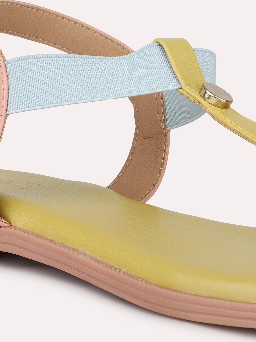 Women Yellow And Peach Colourblocked T-Strap Flats