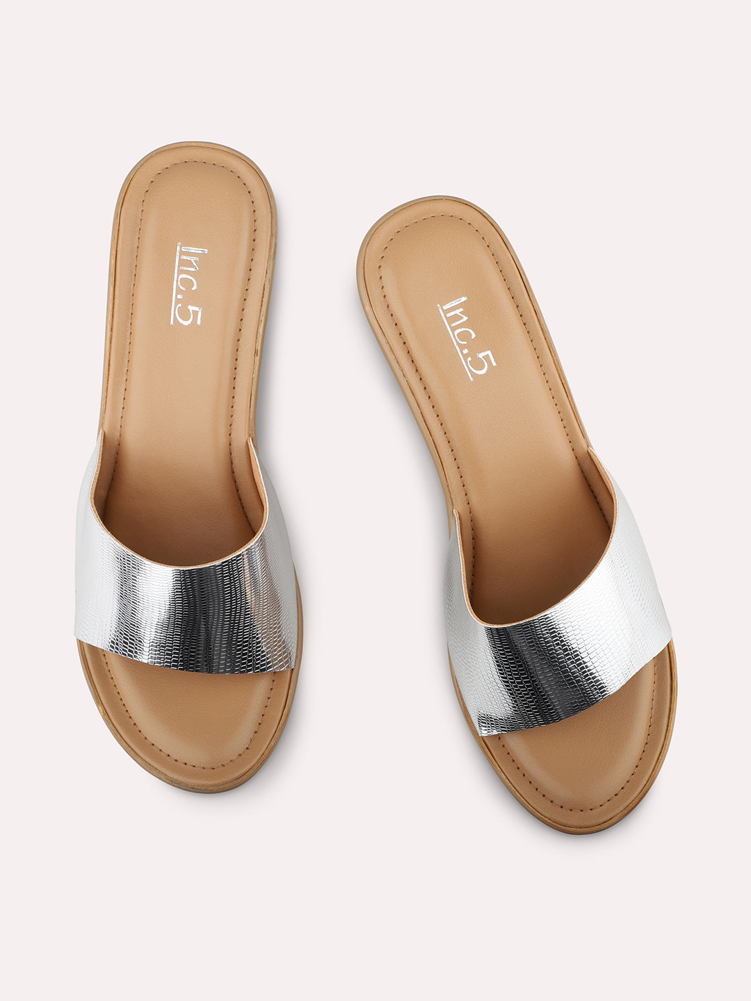 Women Silver Embellished Open Toe Wedge Heels