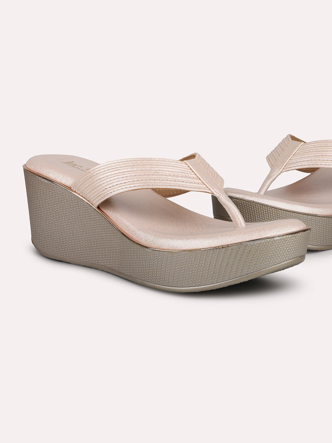 Women Rose Gold Embellished Open Toe Wedge Heels