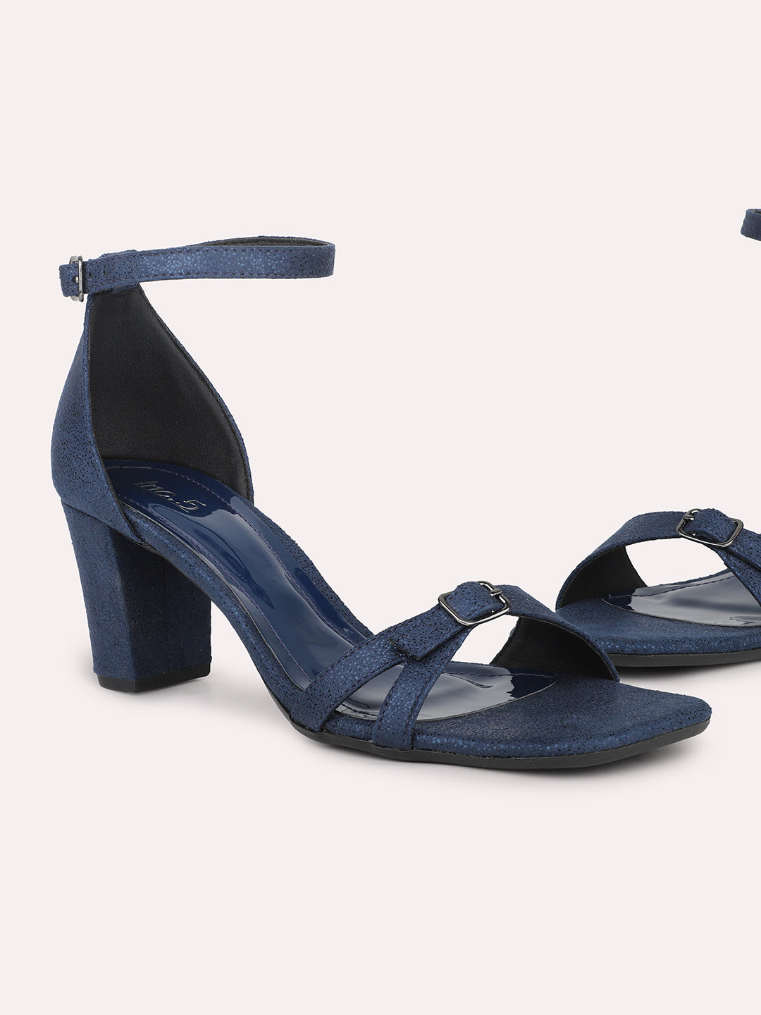 Women Navy Textured Block Heels With Ankle Loop