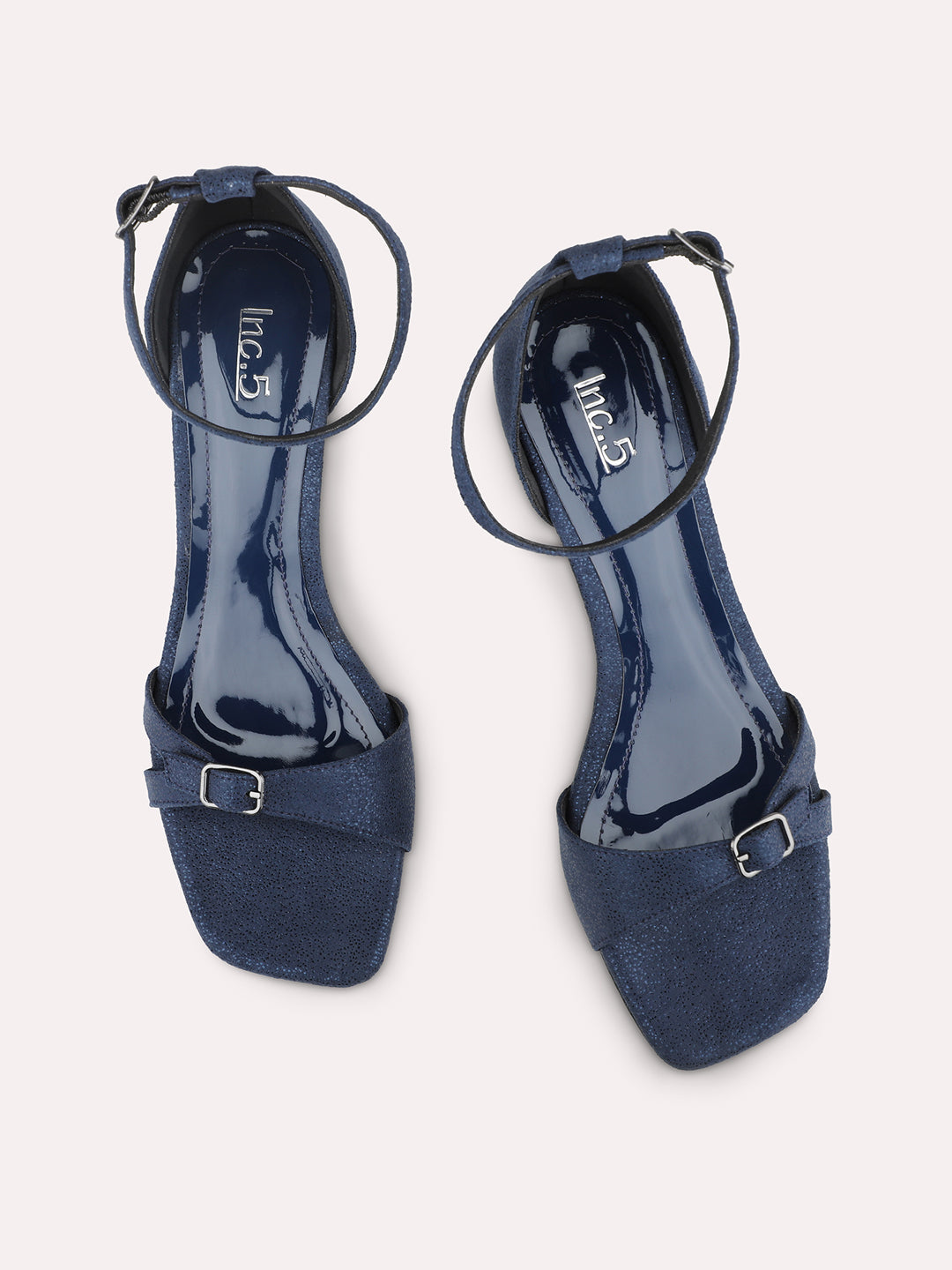 Women Navy Textured Block Heels With Ankle Loop