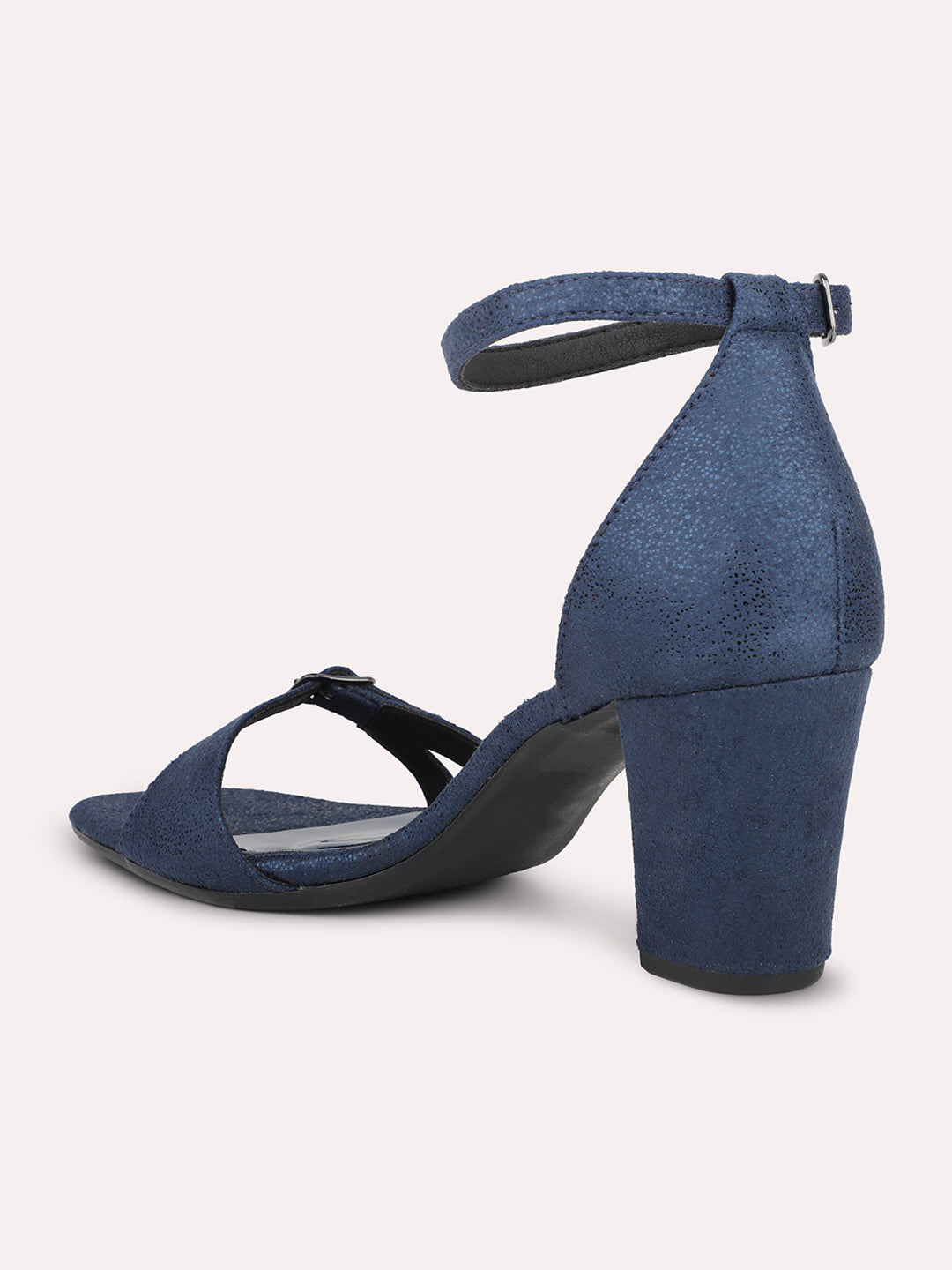 Women Navy Textured Block Heels With Ankle Loop