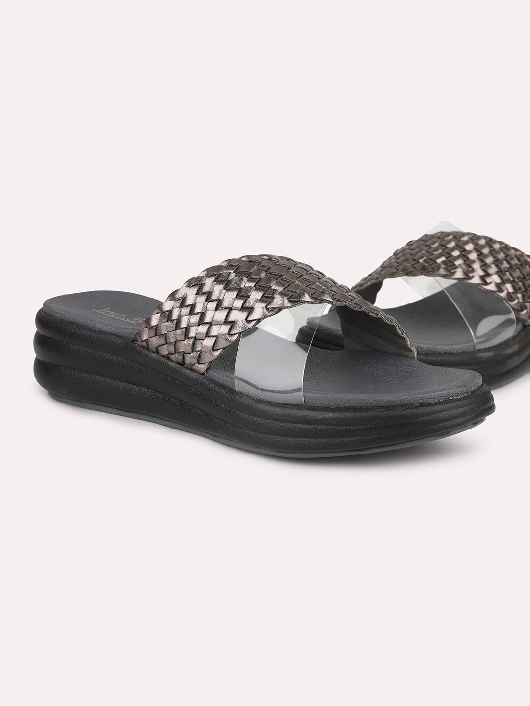 Women Pewter Textured Open Toe Comfort Sandals