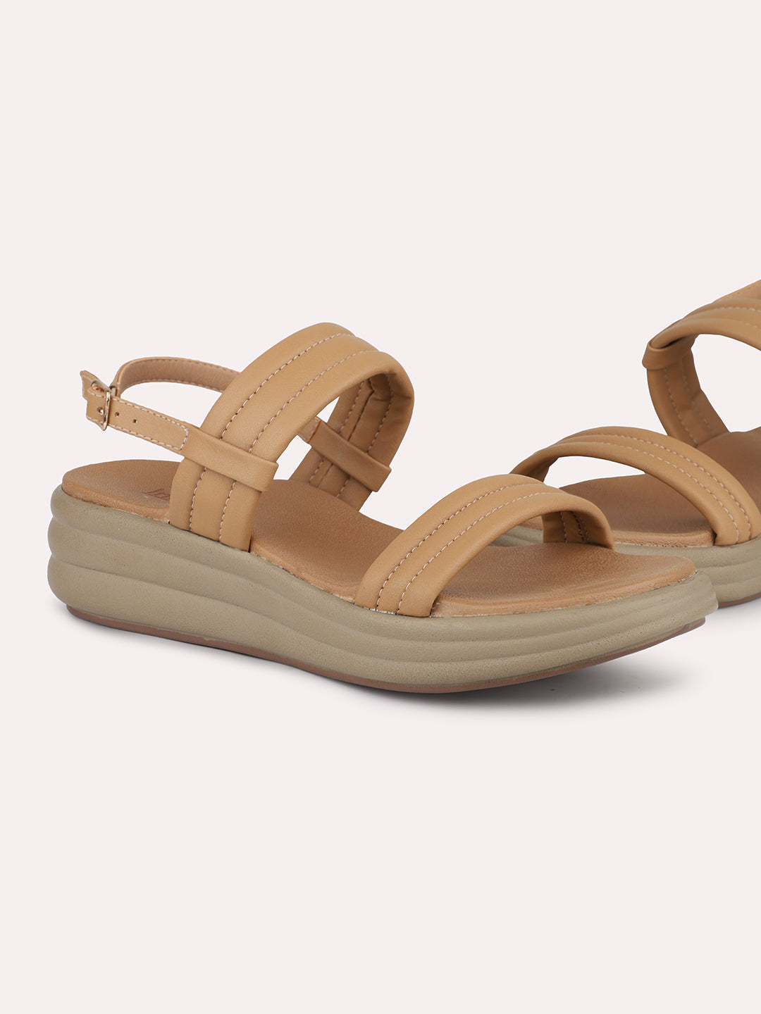 Women Beige Open Toe Comfort Sandals with Buckles