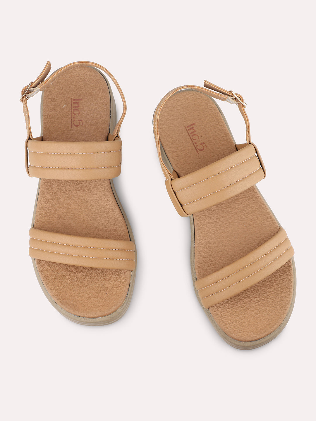 Women Beige Open Toe Comfort Sandals with Buckles