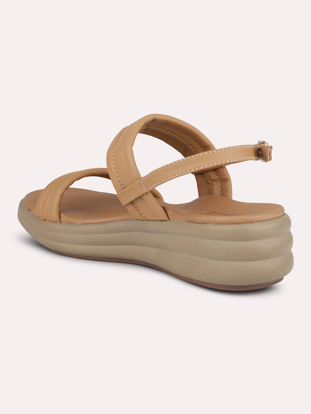 Women Beige Open Toe Comfort Sandals with Buckles