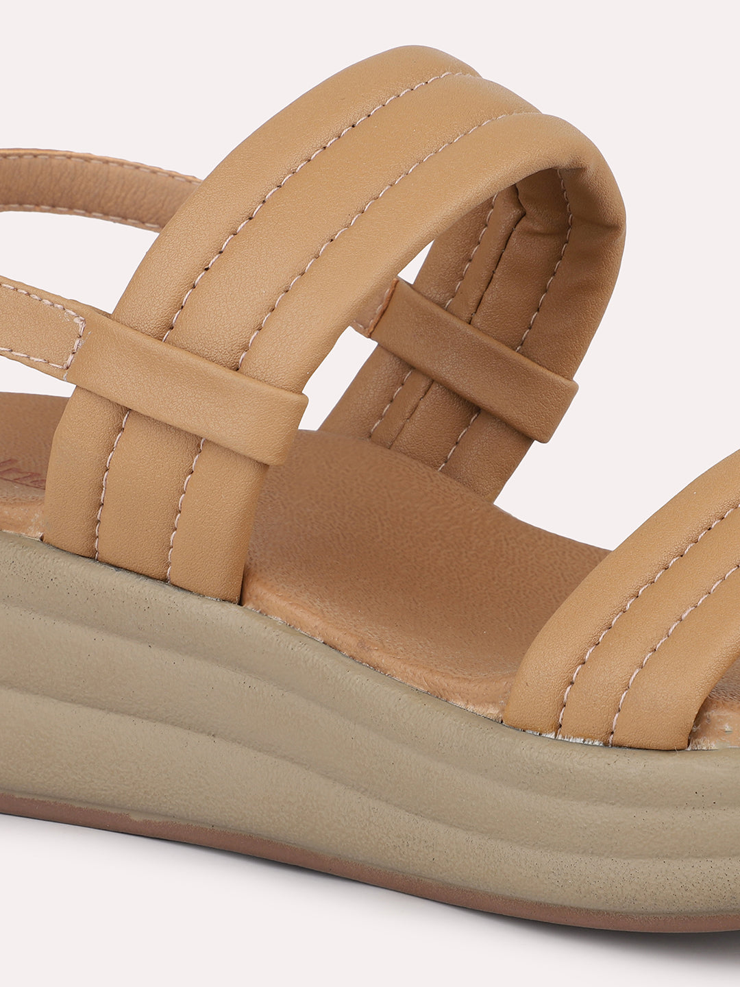 Women Beige Open Toe Comfort Sandals with Buckles