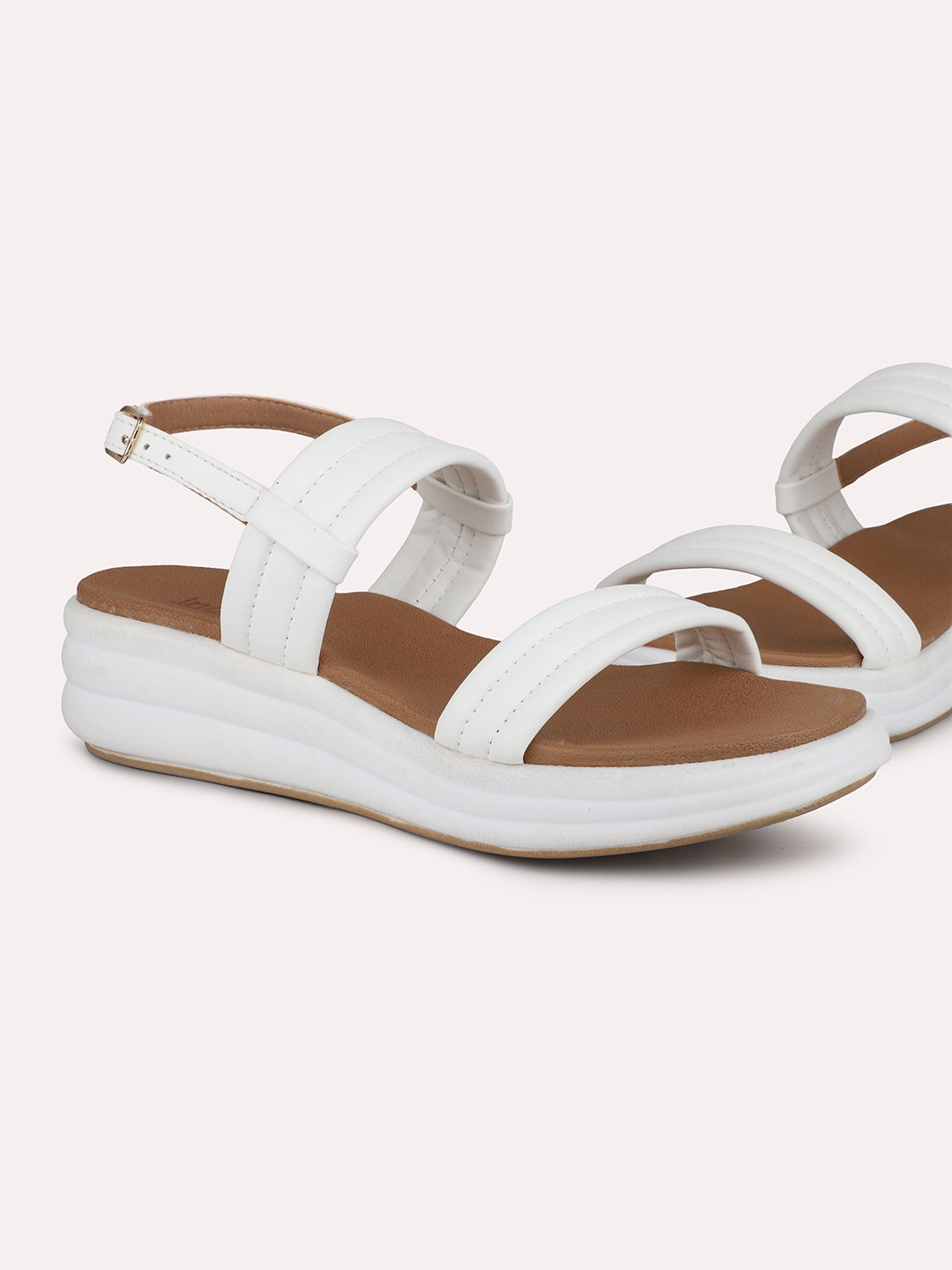 Women White Open Toe Comfort Sandals with Buckles