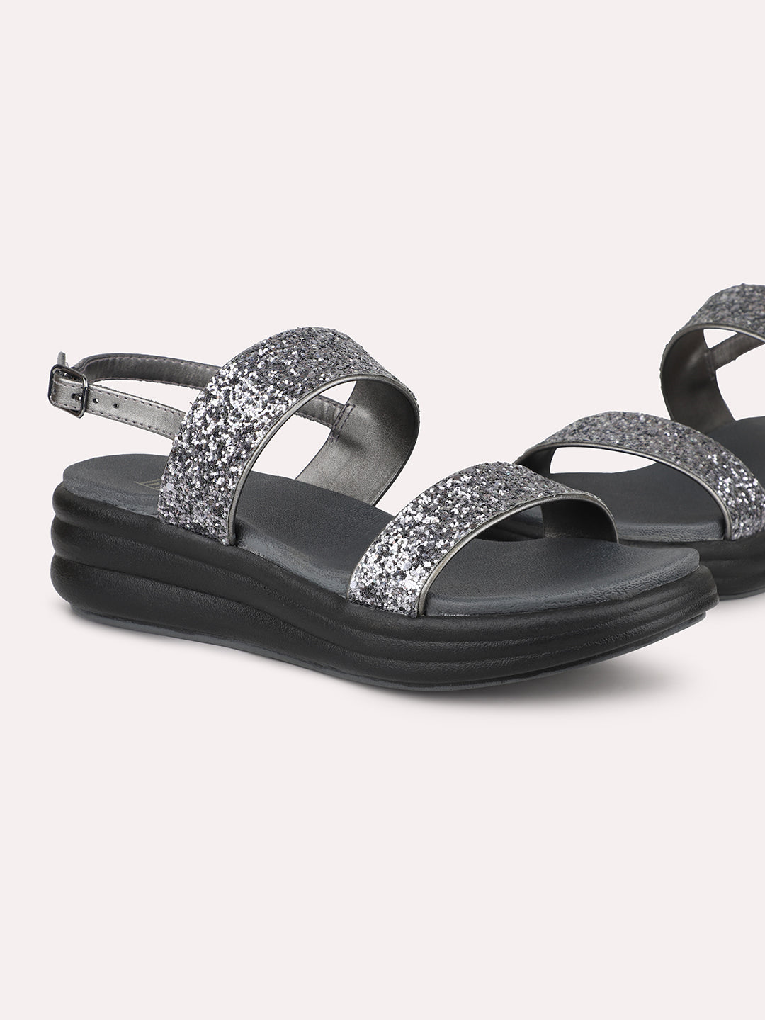 Women Pewter Embellished Open Toe Comfort Sandals with Buckles