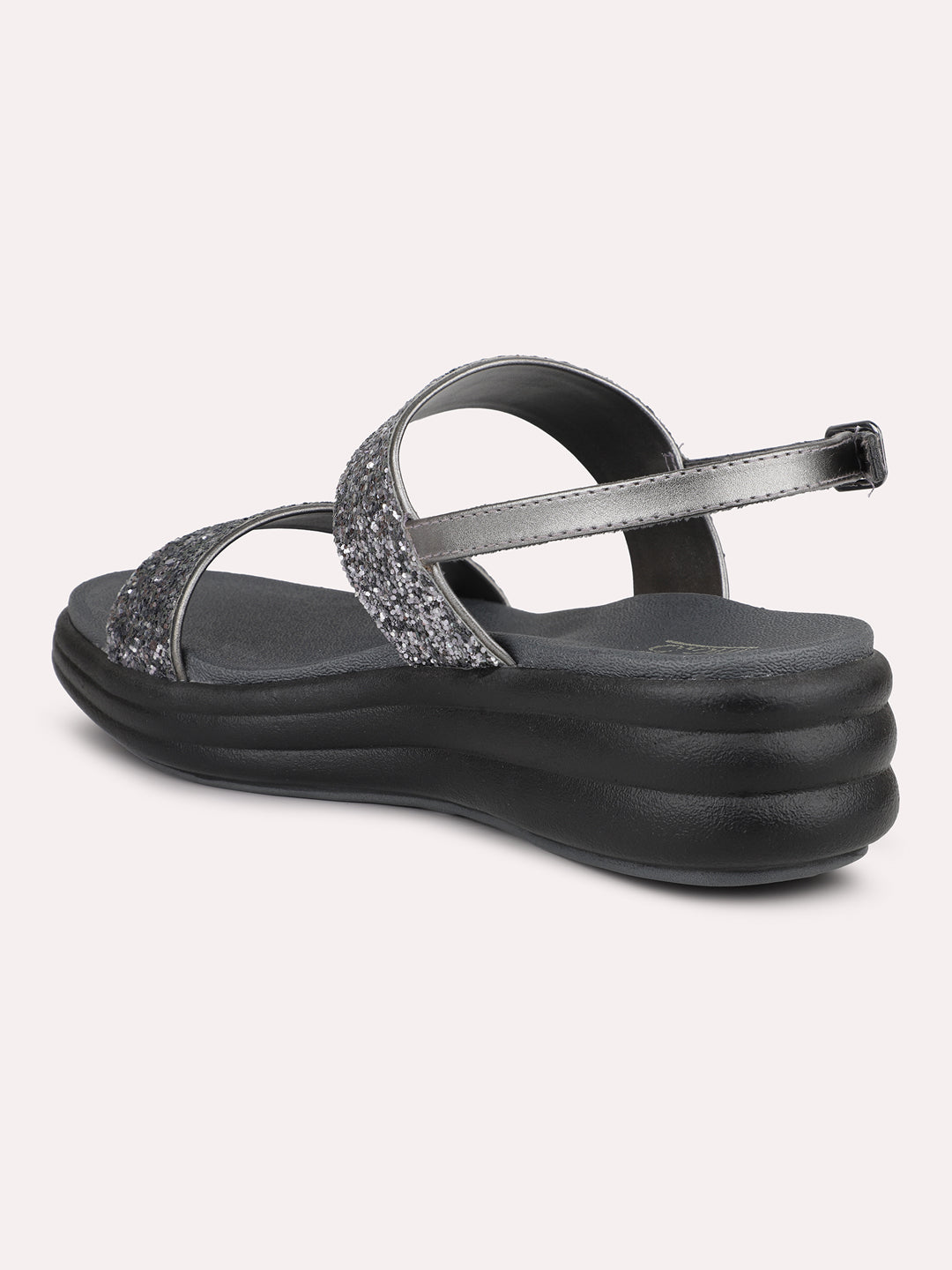 Women Pewter Embellished Open Toe Comfort Sandals with Buckles