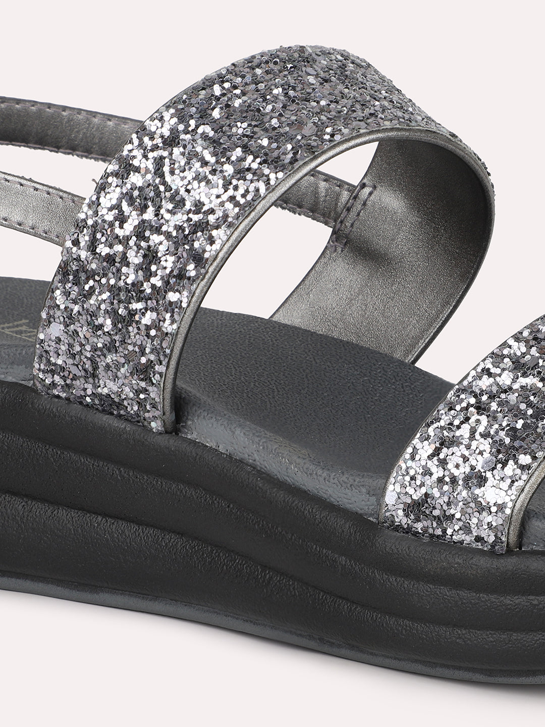 Women Pewter Embellished Open Toe Comfort Sandals with Buckles