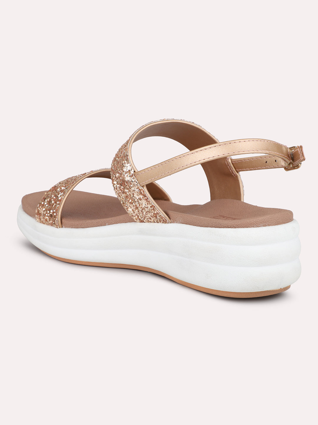 Women Rose Gold Embellished Open Toe Comfort Sandals with Buckles