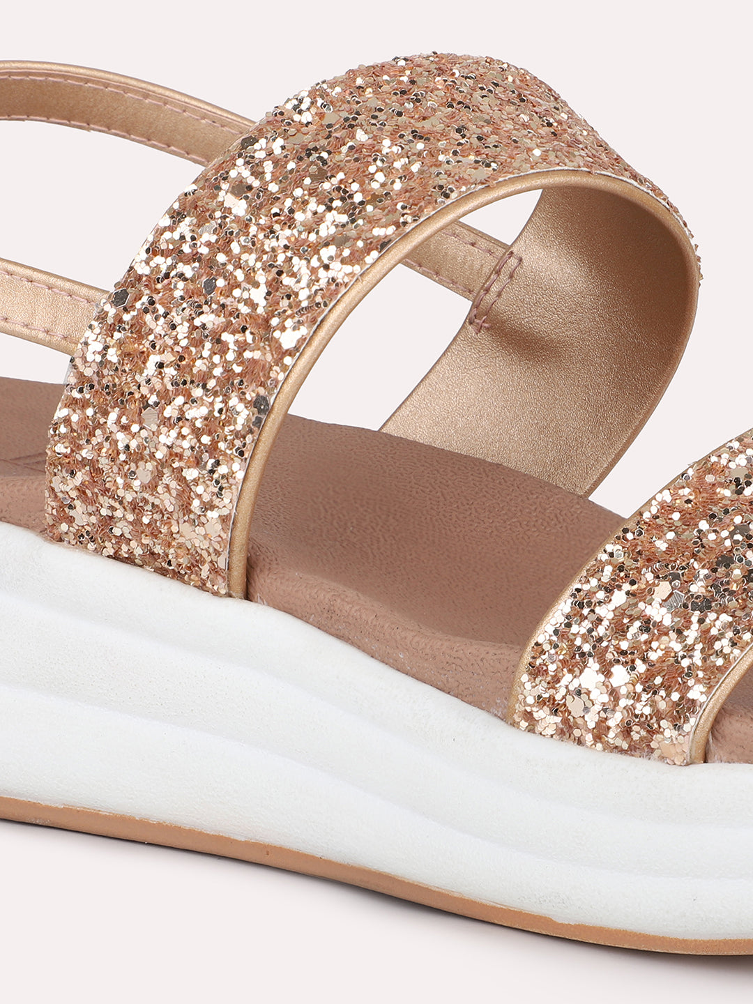 Women Rose Gold Embellished Open Toe Comfort Sandals with Buckles