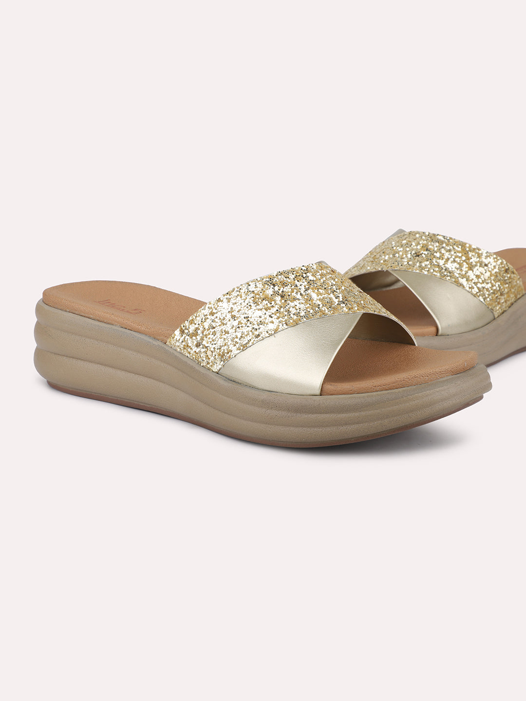 Women Gold-Colourblocked Open Toe Comfort Sandals