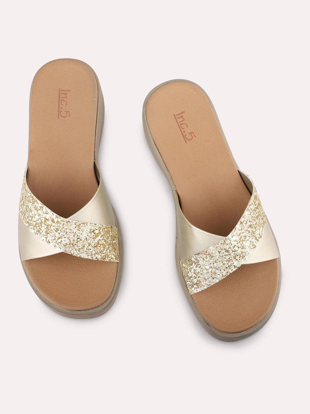Women Gold-Colourblocked Open Toe Comfort Sandals