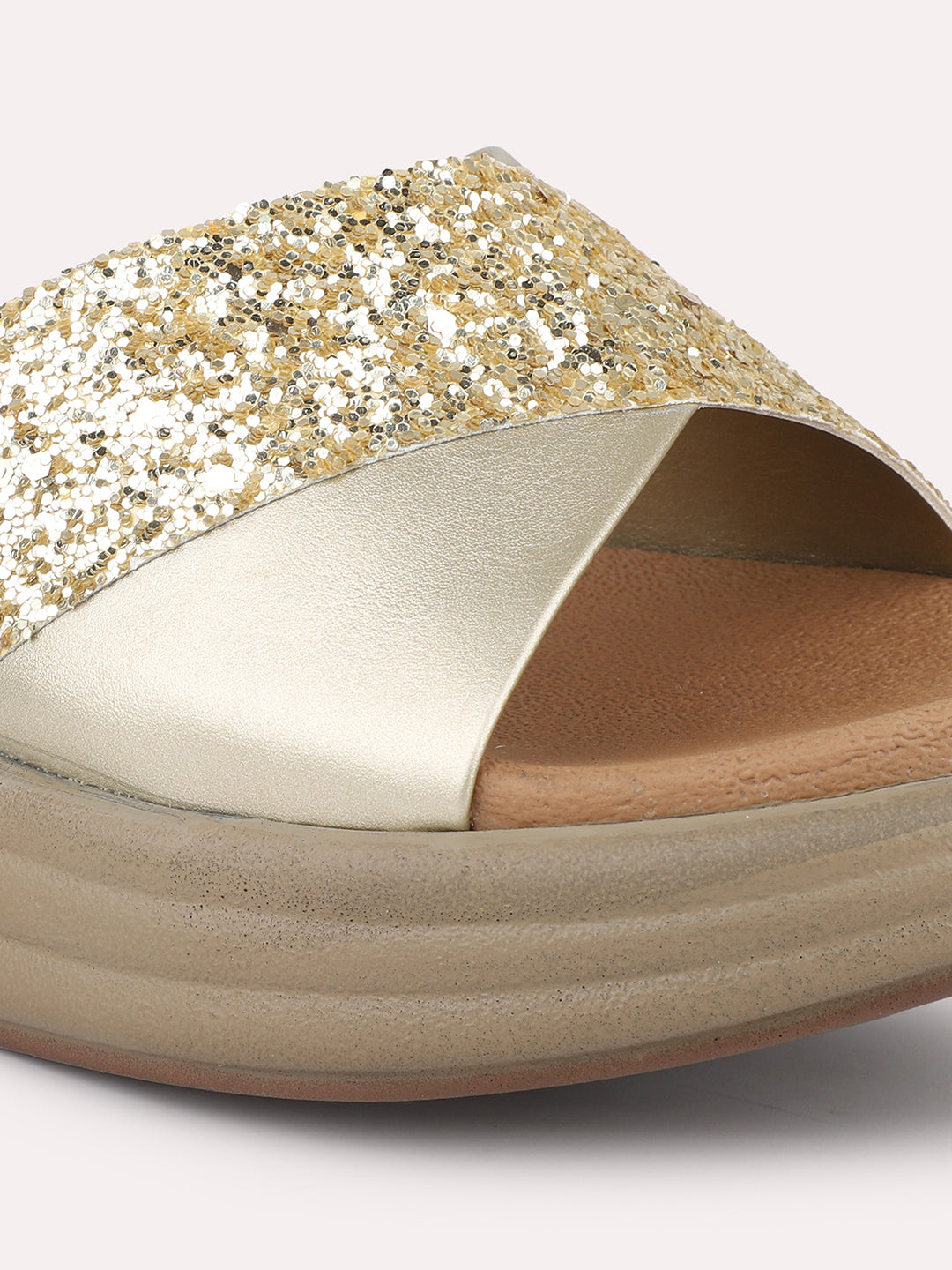 Women Gold-Colourblocked Open Toe Comfort Sandals