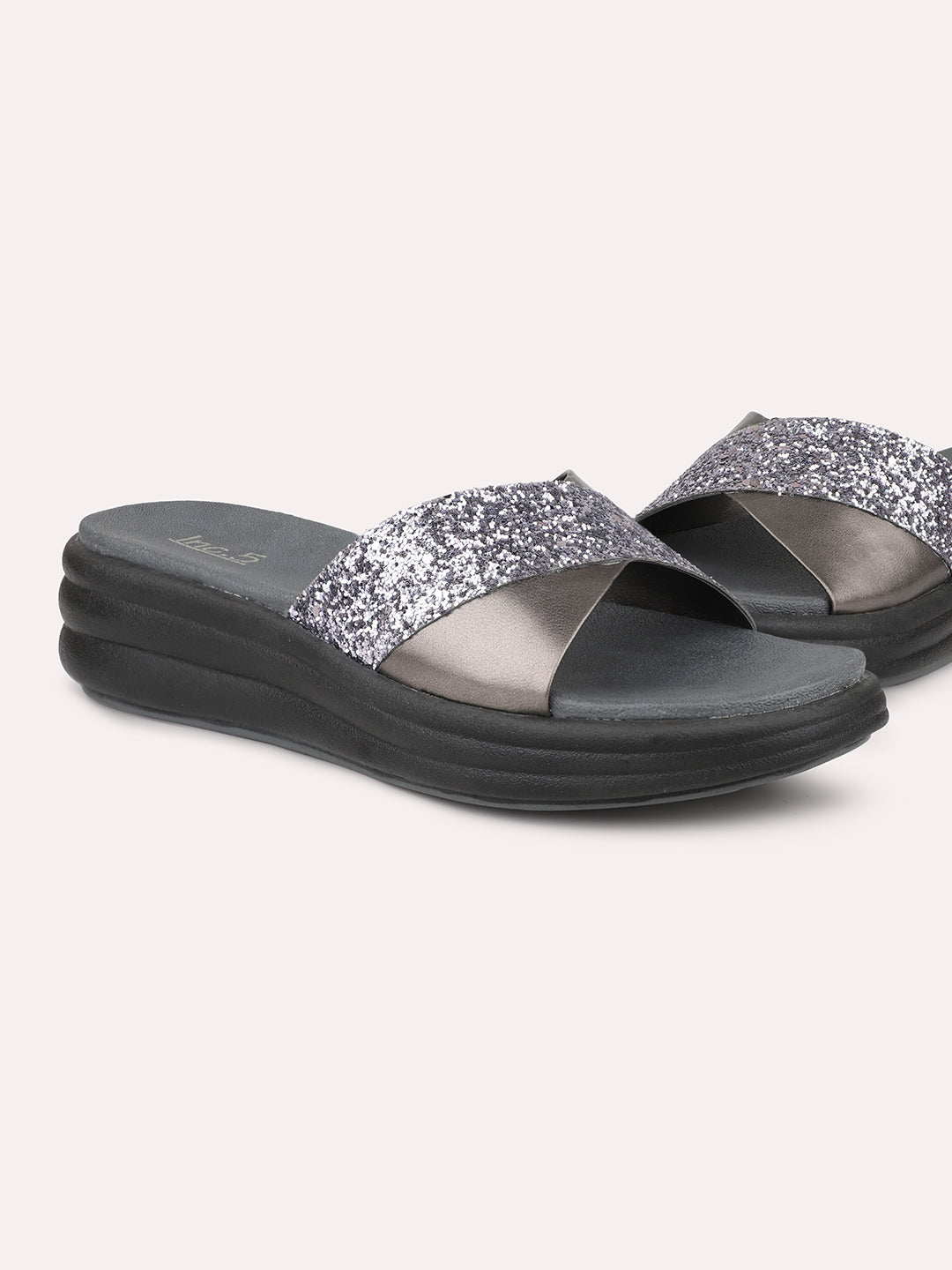 Women Pewter-Colourblocked Open Toe Comfort Sandals