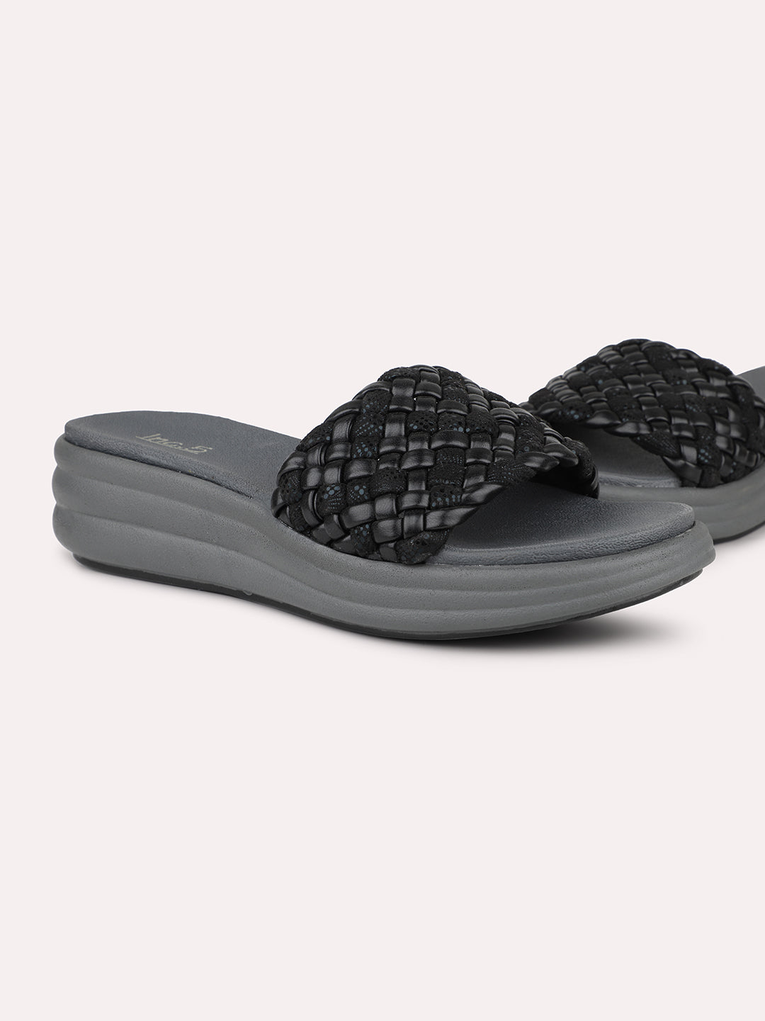 Women Black Textured Open Toe Comfort Heels