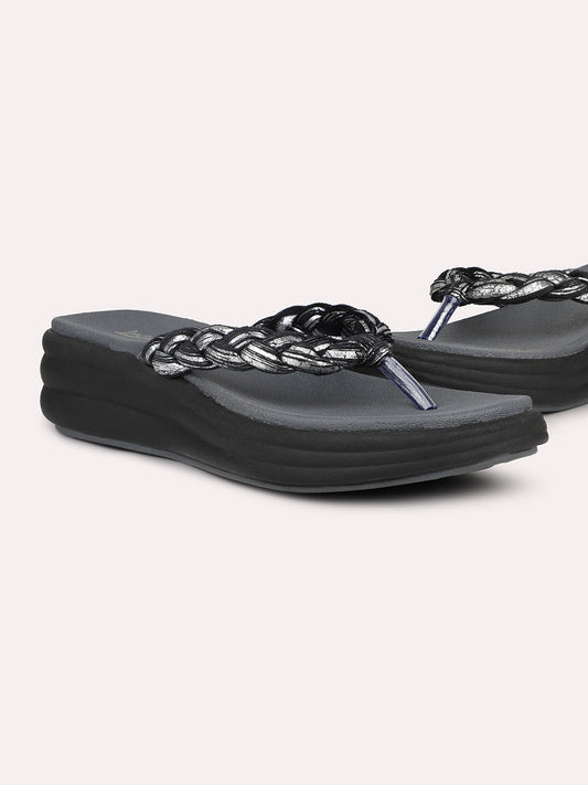 Women Black Embellished Open Toe Comfort Heels