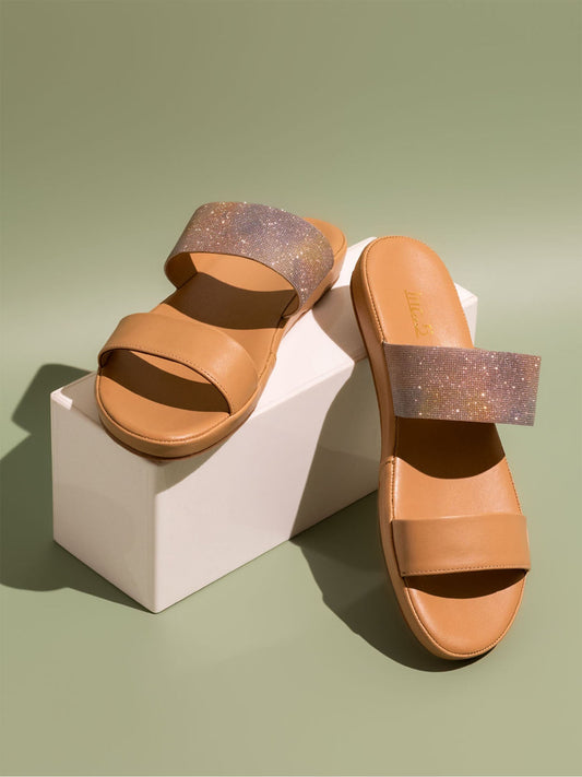 Women Beige Glittery Embellished Comfort Sandals