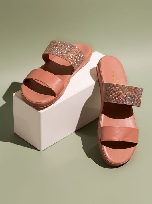 Women Peach Glittery Embellished Comfort Sandals
