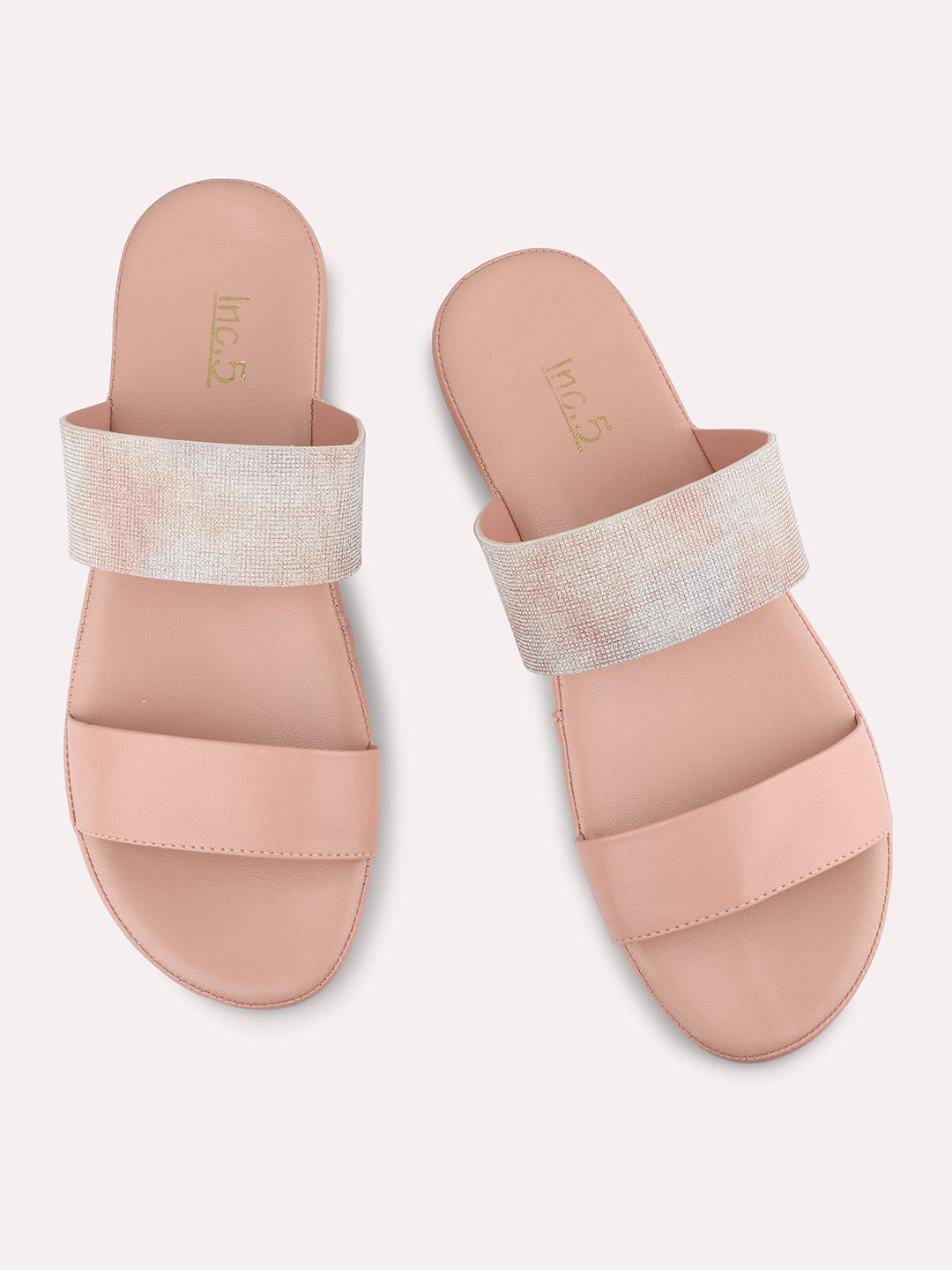 Women Peach Glittery Embellished Comfort Sandals