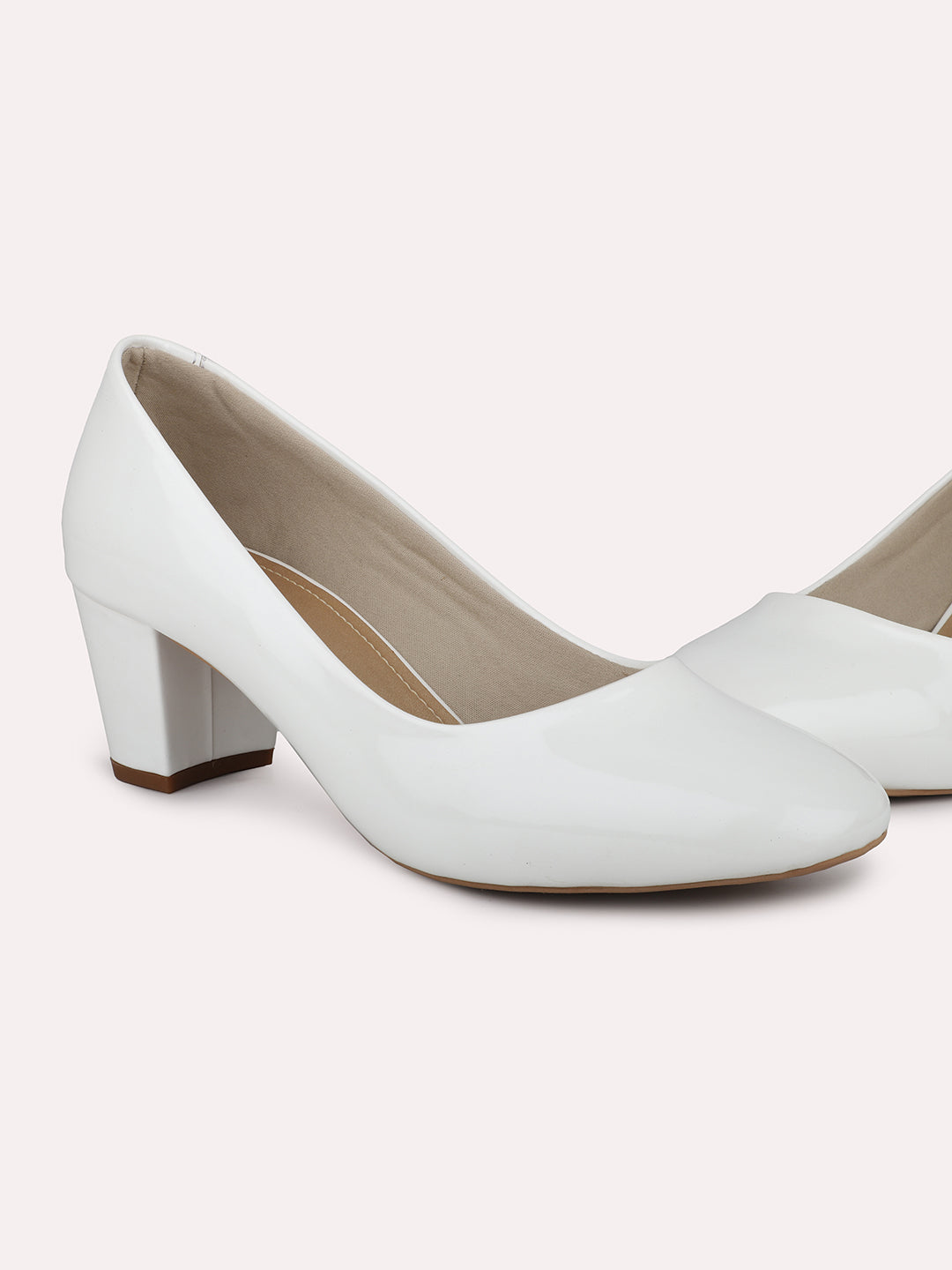 Women White Round Toe Block Heeled Pumps